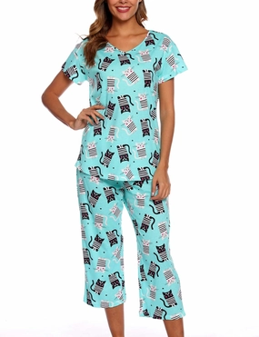 ENJOYNIGHT Womens Pajama Sets Cotton Pj Set Short Sleeve Top With Capri Pants Sleepwear 2 Piece Lounge Set