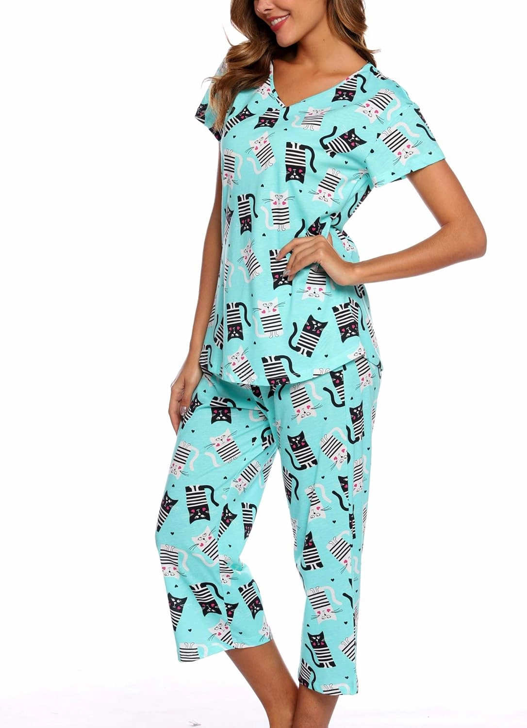 ENJOYNIGHT Womens Pajama Sets Cotton Pj Set Short Sleeve Top With Capri Pants Sleepwear 2 Piece Lounge Set