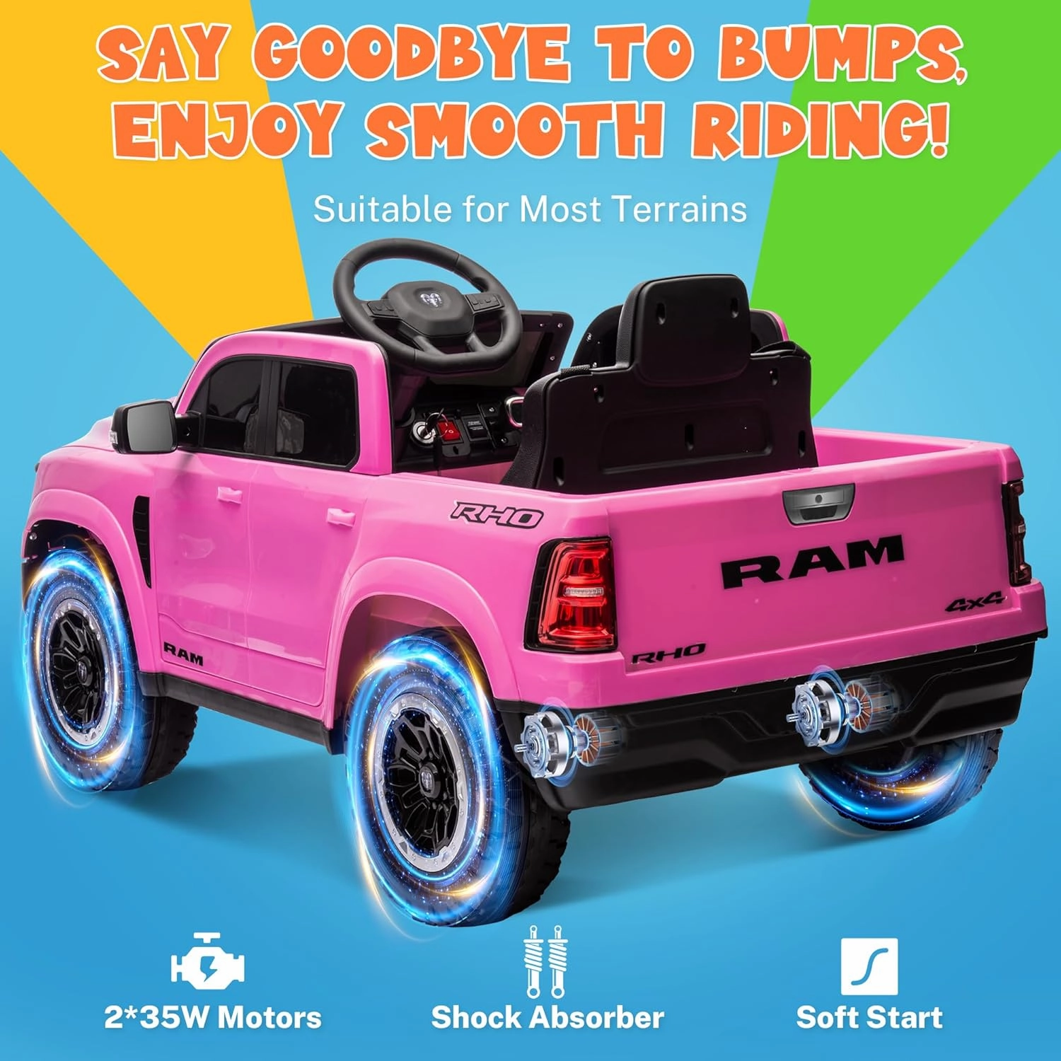 ENYOPRO 12V Ram 1500 Electric Ride On Truck for Kids, Remote Control Ride On Car for Toddlers, Electric Power Car w/4 Wheels Shock Absorption, Soft Start, 2 Speeds, LED Lights, BT/USB/MP3 (Pink)