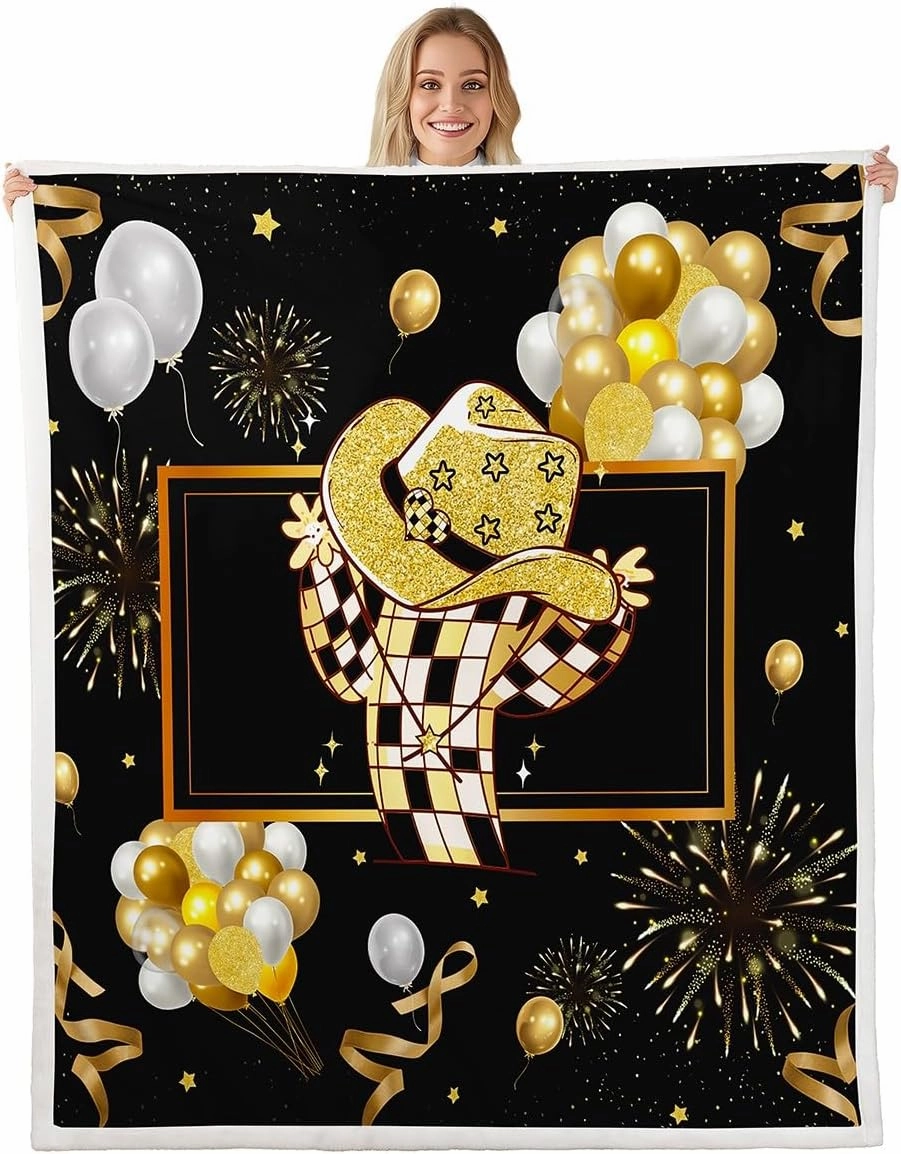 Erosebridal Cowgirl Hat Shoulder Bag Western Cowboy Fleece Blanket Baby 30"X40" Cute Glitter Stars Cactus Sherpa Blanket for Kids Boys Girls Teens Glitter Stars Ribbons Balloons Flannel Blanket