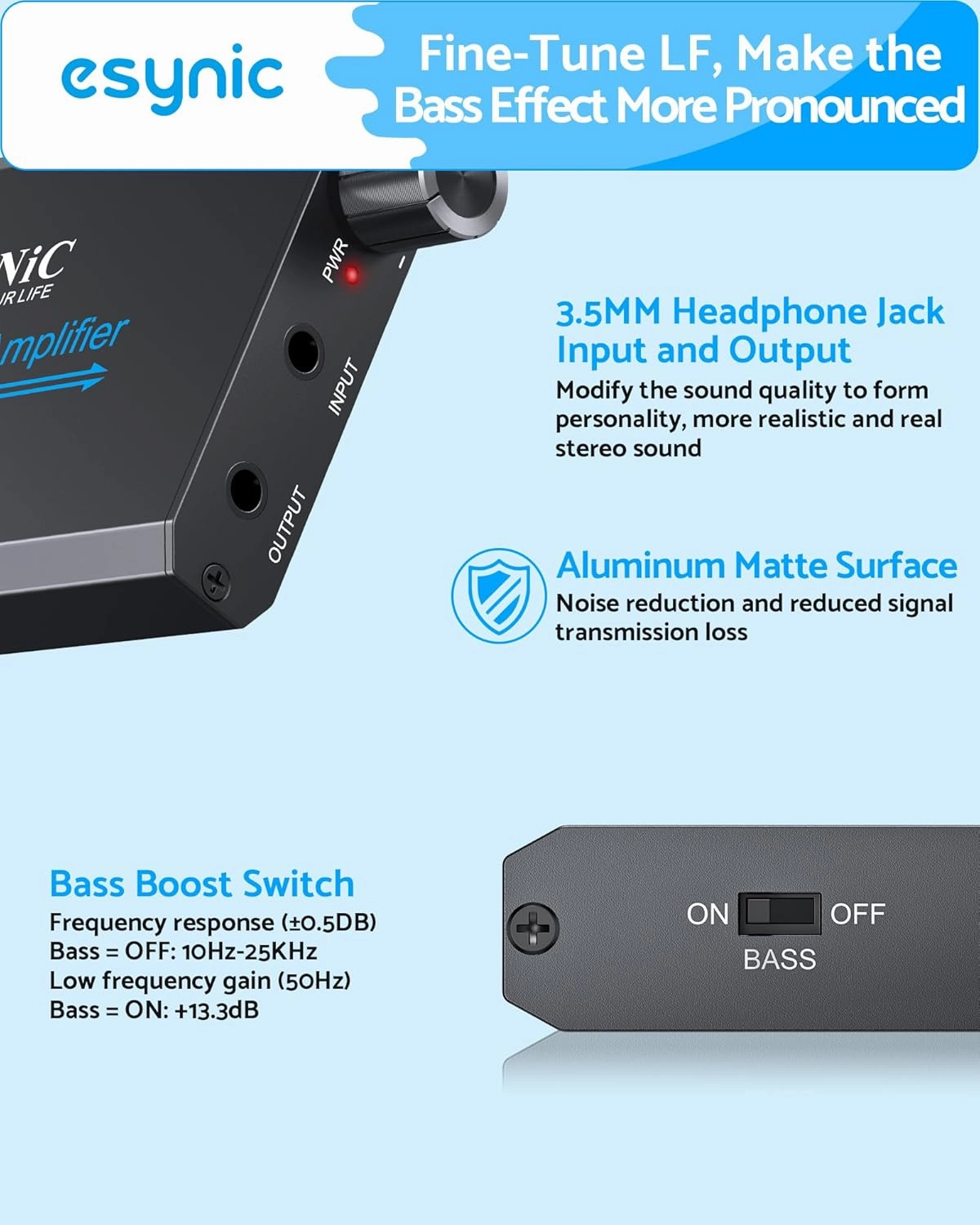 eSynic Pro Bass Boost Headphone Amplifier Rechargeable 16-300Ω Portable Hi-Fi Audio Amp SNR>100dB 0.005% THD Aluminum Alloy Headphone Amp 3.5mm for Phone/Laptop/Audiophile