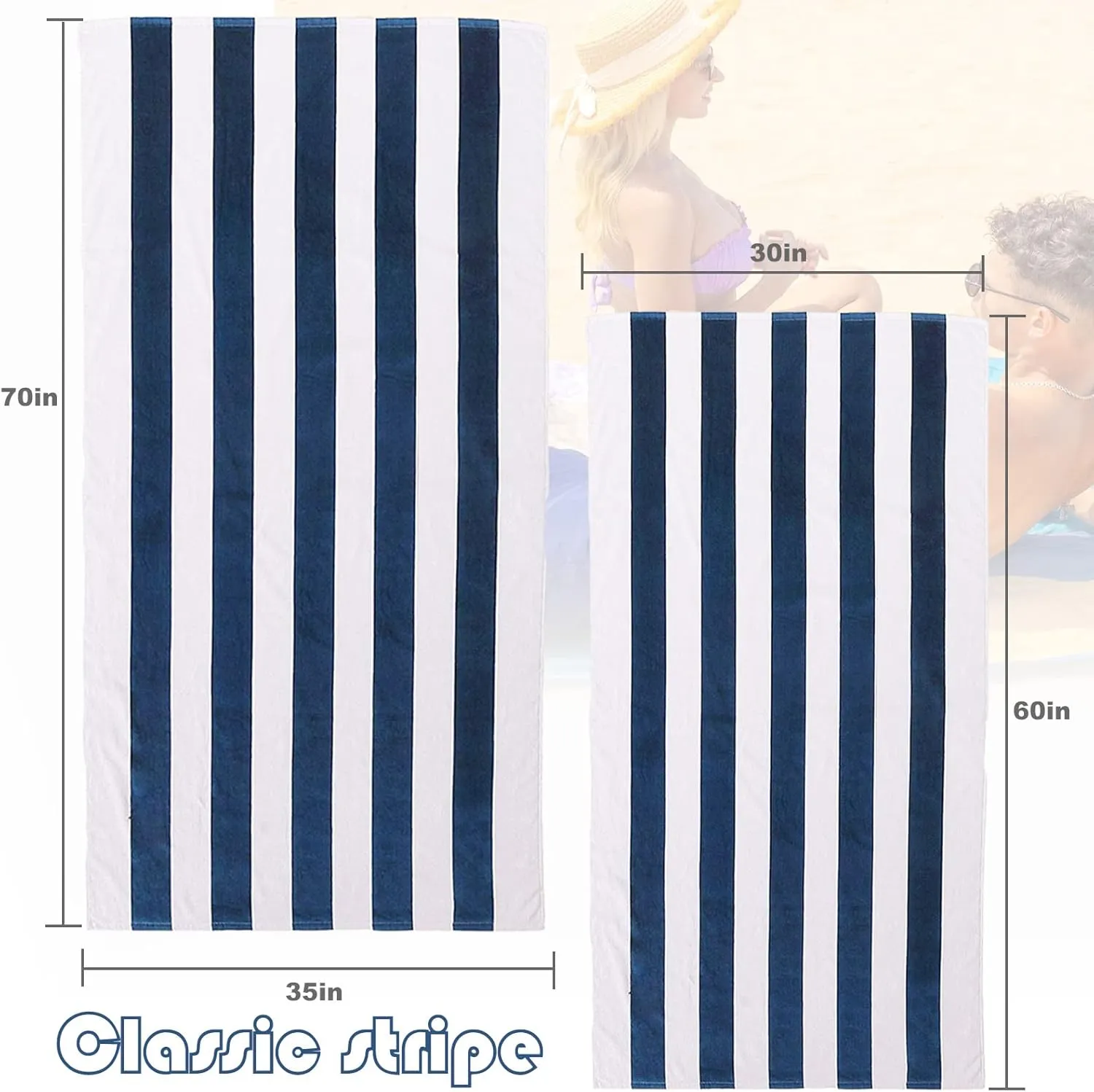 Exclusivo Mezcla 2 Pack Cotton Large 30x60 Inches Cabana Stripe Beach Towels, Super Absorbent Soft Plush Pool Towel Bath Towel (Dark Navy)