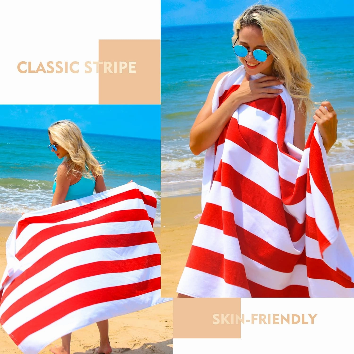 Exclusivo Mezcla Cotton Large 30x60 Inches Cabana Stripe Beach Towel, Super Absorbent Soft Plush Pool Bath Towel (Red)