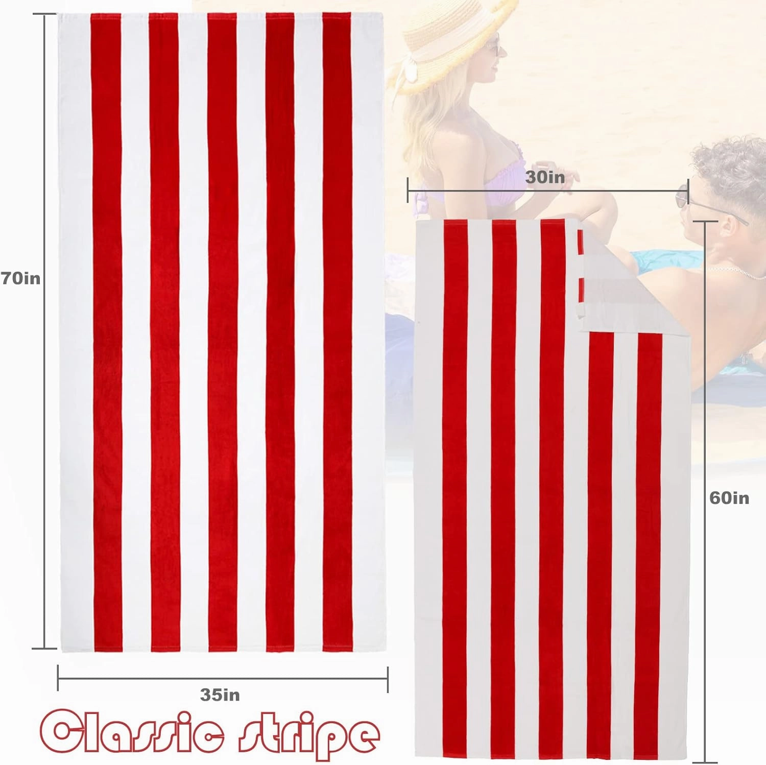 Exclusivo Mezcla Cotton Large 30x60 Inches Cabana Stripe Beach Towel, Super Absorbent Soft Plush Pool Bath Towel (Red)