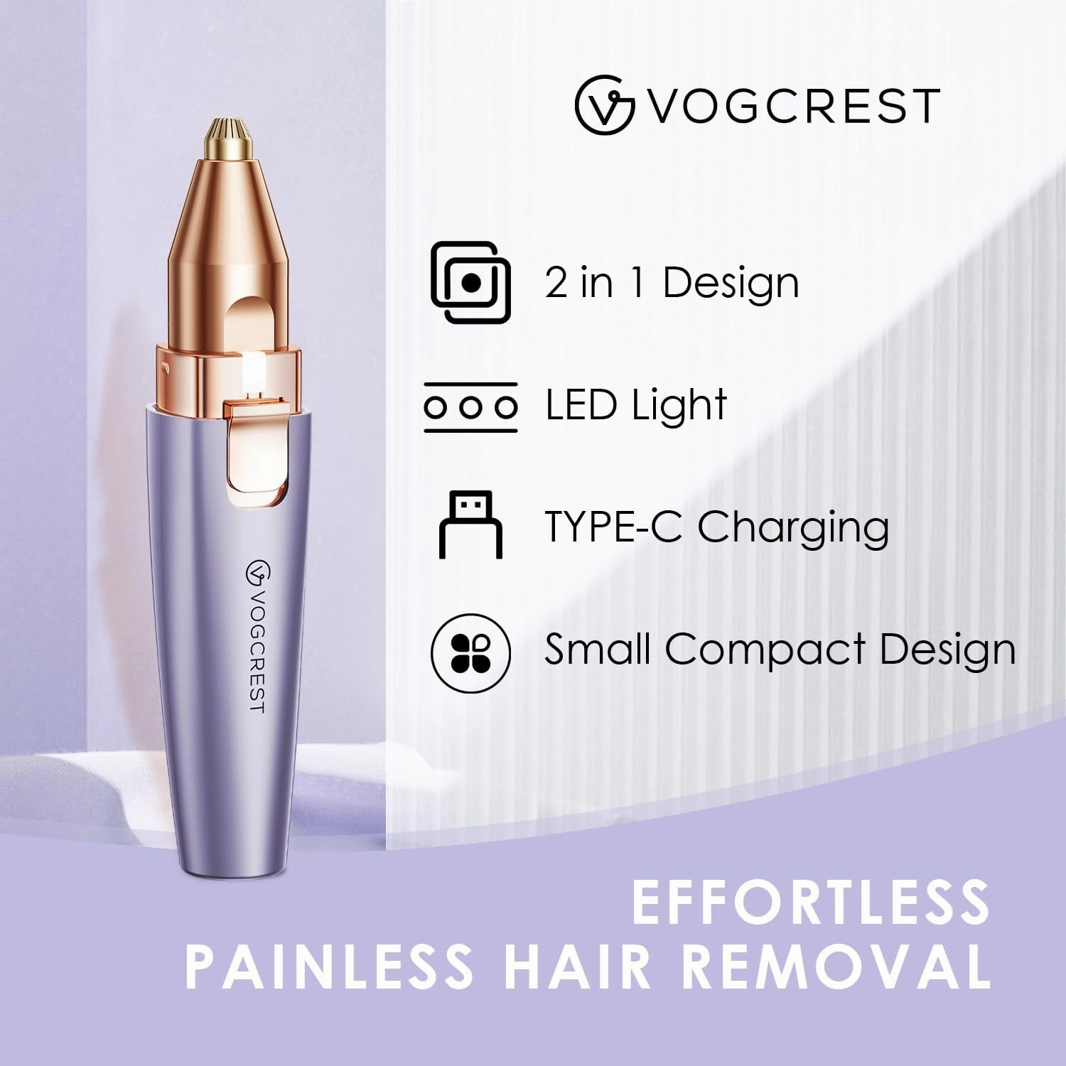 Eyebrow & Facial Trimmer: 2-in-1 Rechargeable Facial Hair Removal & Eyebrow Shaver - Painless Razor with Built-in LED Light (Solar Purple)