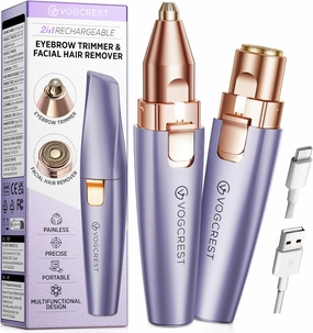 Eyebrow & Facial Trimmer: 2-in-1 Rechargeable Facial Hair Removal & Eyebrow Shaver - Painless Razor with Built-in LED Light (Solar Purple)