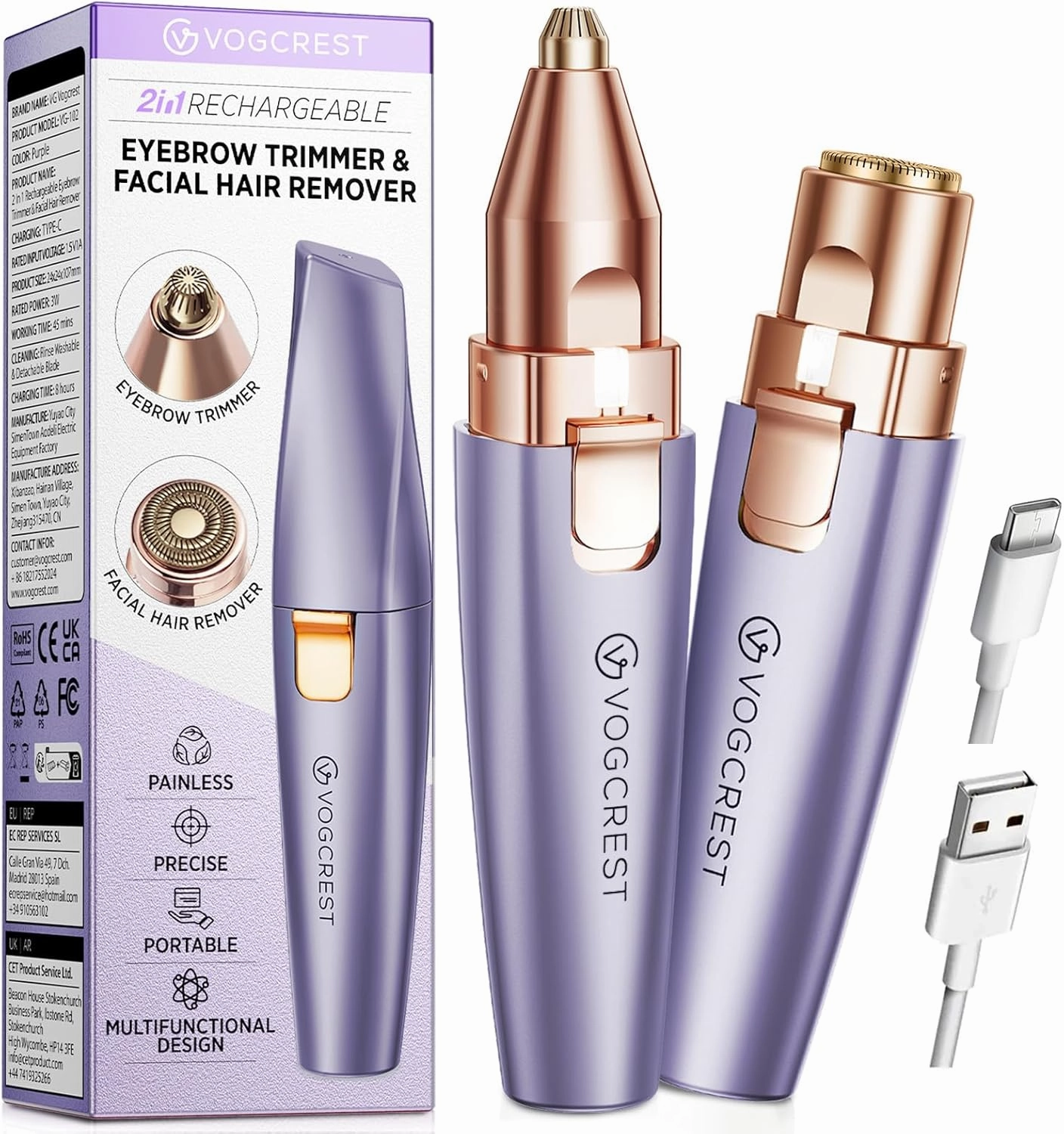 Eyebrow & Facial Trimmer: 2-in-1 Rechargeable Facial Hair Removal & Eyebrow Shaver - Painless Razor with Built-in LED Light (Solar Purple)