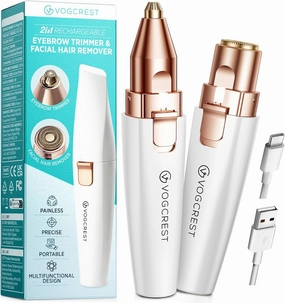 Eyebrow Facial Trimmer: 2 in1 Rechargeable Facial Hair Removal and Eyebrow Shaver - Face Lips Body Painless Facial Razor with Built-in LED Light (White)