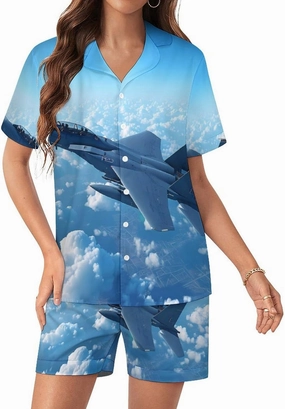 F-15 Eagle Jet Plane Women's Satin Pajama Set Short Sleeve Button Down Sleepwear Loungewear Pj Set