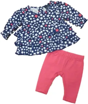Faded Glory Infant Girl Blue Pink Star Ruffled Shirt Leggings 2 PC Outfit NB
