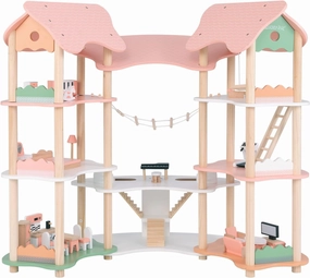 FANTASK Wooden Dollhouse 85cm Tall 7 Bedrooms with 32 Furniture and Accessories, Doll Mansion with Rope Ladder Gift for Girls Age 3 (Model 3)