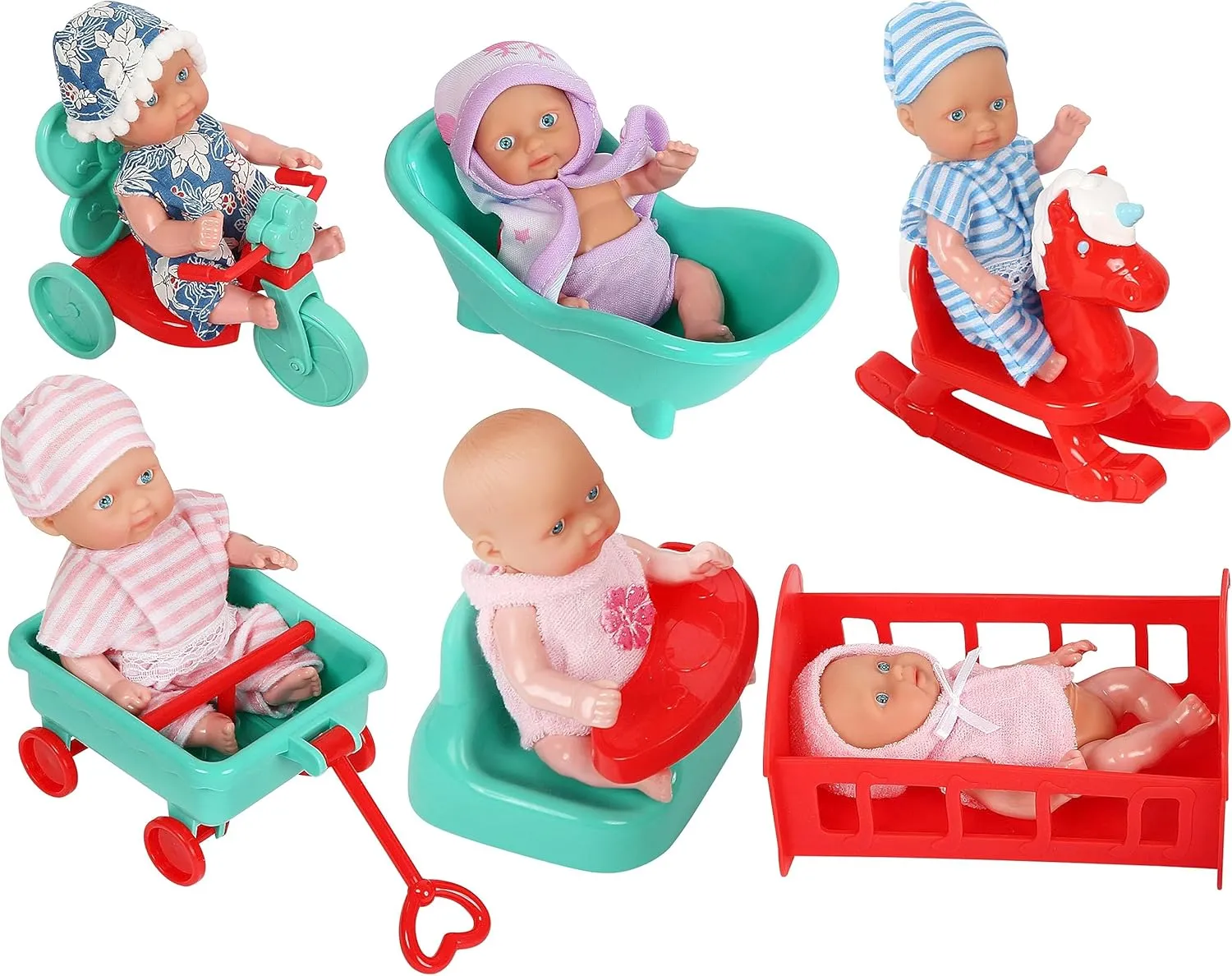 fash n kolor, 6 Mini Doll Set - 5" Inch Baby Girl Toy - Princess Toys Dolls - Baby Doll Crib, High Chair, Bathtub, Horse See Saw, Wagon and Bike Accessories - Dolls for 3  Year Old Girls