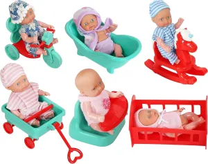 fash n kolor, 6 Mini Doll Set - 5" Inch Baby Girl Toy - Princess Toys Dolls - Baby Doll Crib, High Chair, Bathtub, Horse See Saw, Wagon and Bike Accessories - Dolls for 3  Year Old Girls