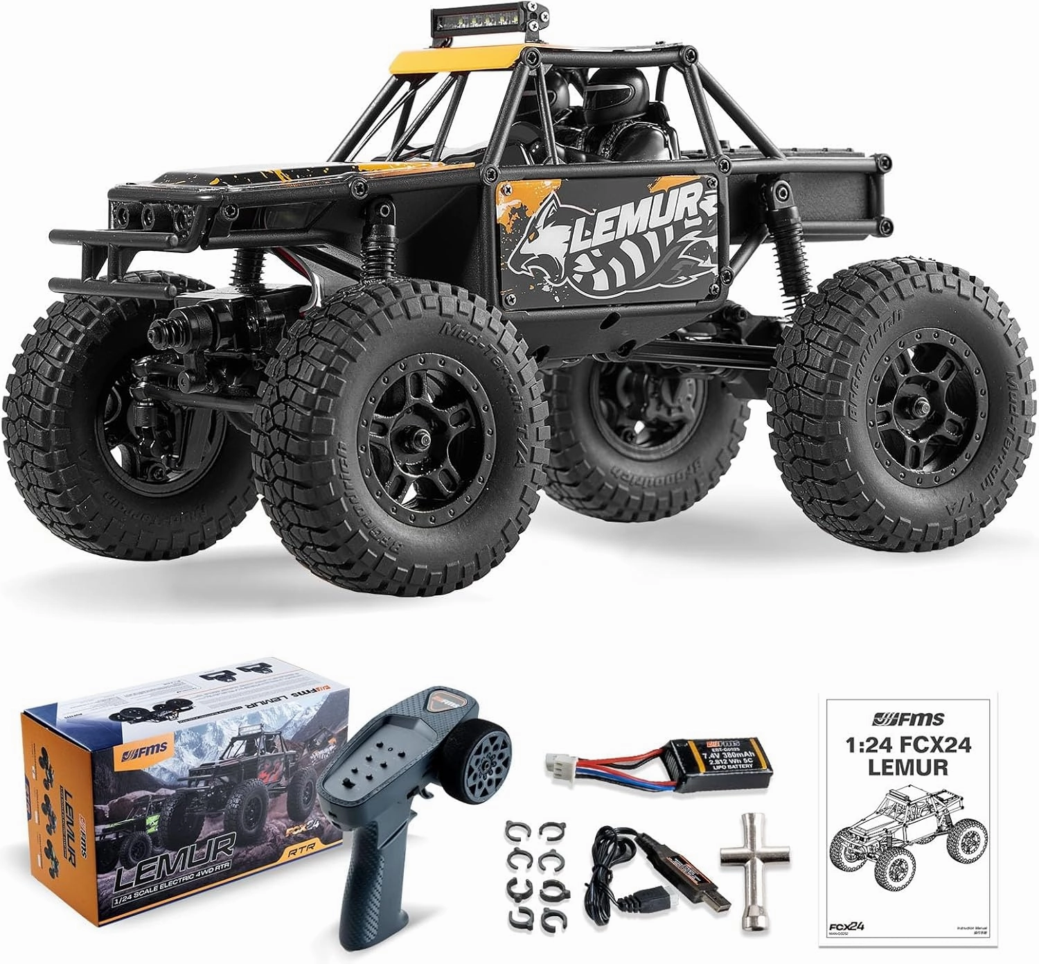FCX24 FMS RC Crawler 1/24 Lemur FCX24 4 Wheel Drive RC Rock Buggy, Hobby Grade RC Car Model Off Road Vehicle RTR for Adults (Orange)