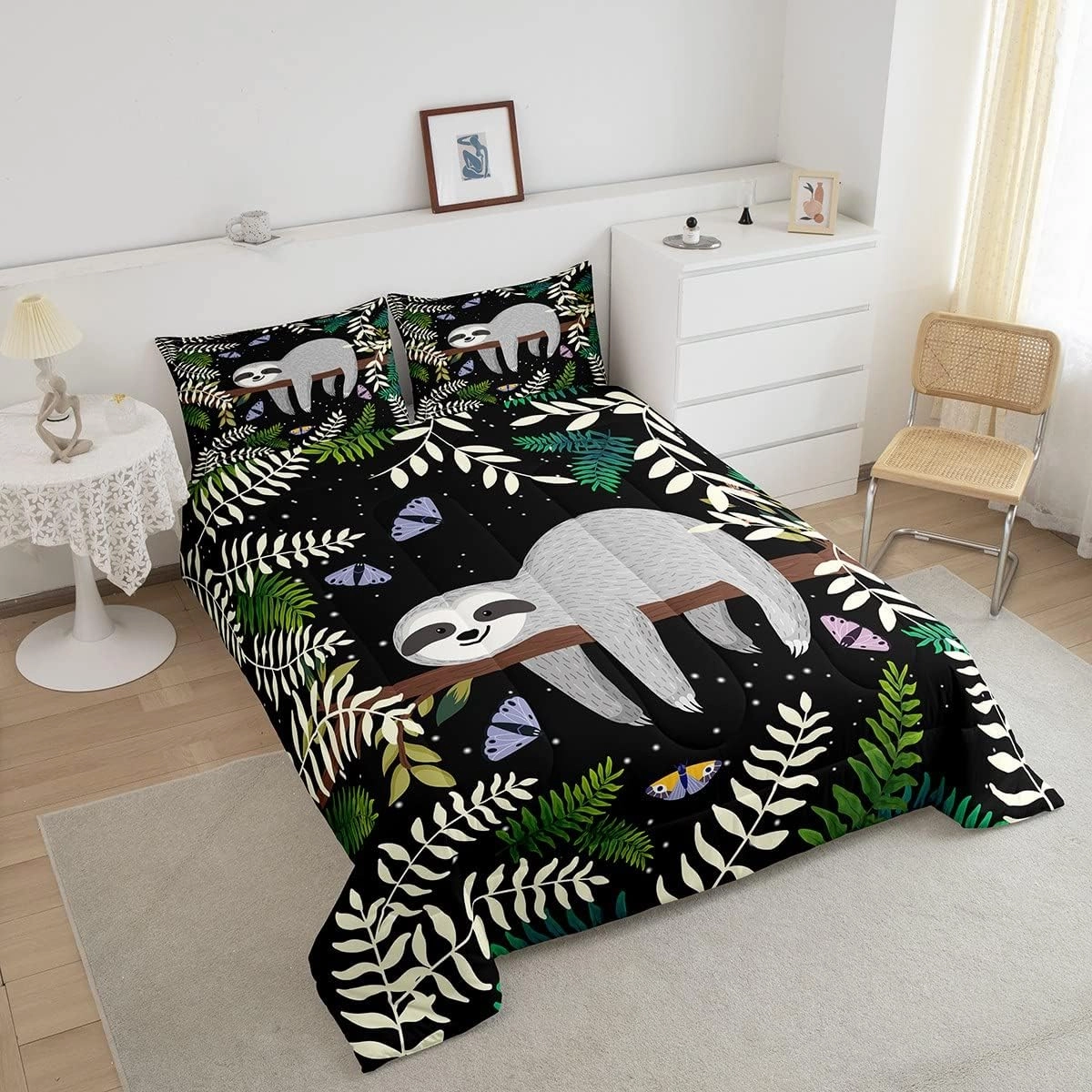 Feelyou Sloth Comforter Cute Sloth Bedding Set for Kids Boys Girls Galaxy Butterfly Comforter Set Botanical Leaves Inner Fill Duvet Set 1 Comforter Set with 2 Pillowcases King Size