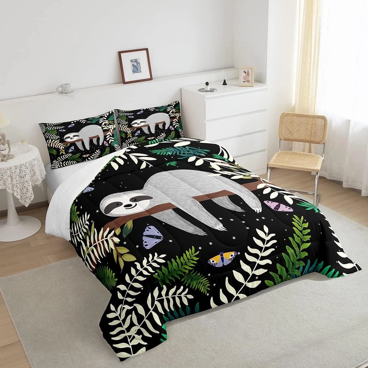Feelyou Sloth Comforter Cute Sloth Bedding Set for Kids Boys Girls Galaxy Butterfly Comforter Set Botanical Leaves Inner Fill Duvet Set 1 Comforter Set with 2 Pillowcases King Size