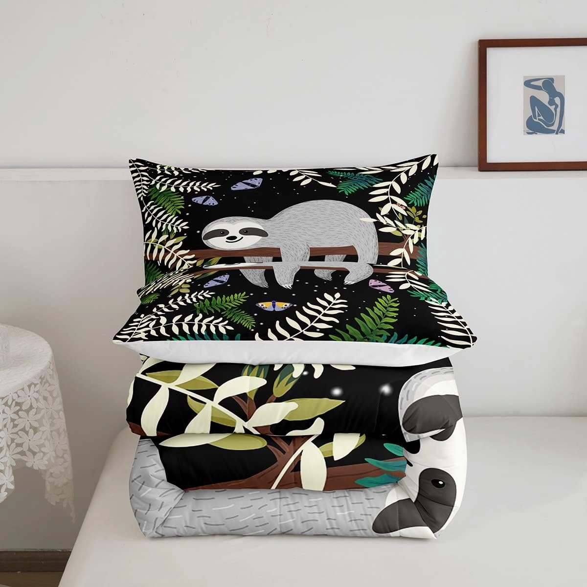 Feelyou Sloth Comforter Cute Sloth Bedding Set for Kids Boys Girls Galaxy Butterfly Comforter Set Botanical Leaves Inner Fill Duvet Set 1 Comforter Set with 2 Pillowcases King Size