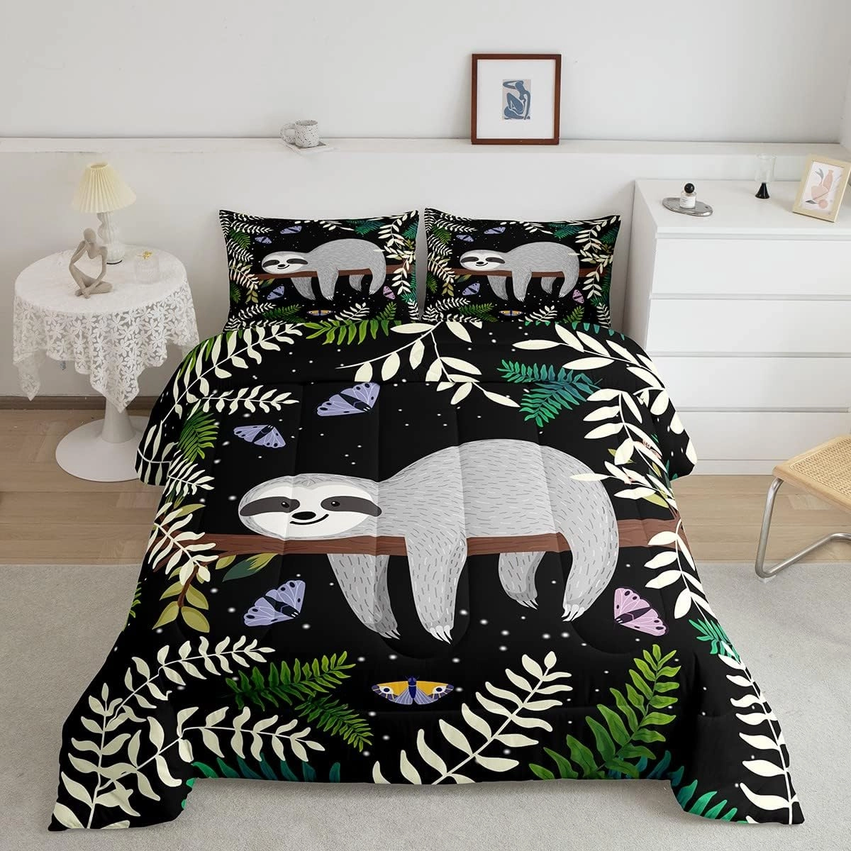 Feelyou Sloth Comforter Cute Sloth Bedding Set for Kids Boys Girls Galaxy Butterfly Comforter Set Botanical Leaves Inner Fill Duvet Set 1 Comforter Set with 2 Pillowcases King Size
