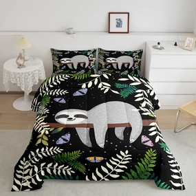 Feelyou Sloth Comforter Cute Sloth Bedding Set for Kids Boys Girls Galaxy Butterfly Comforter Set Botanical Leaves Inner Fill Duvet Set 1 Comforter Set with 2 Pillowcases King Size