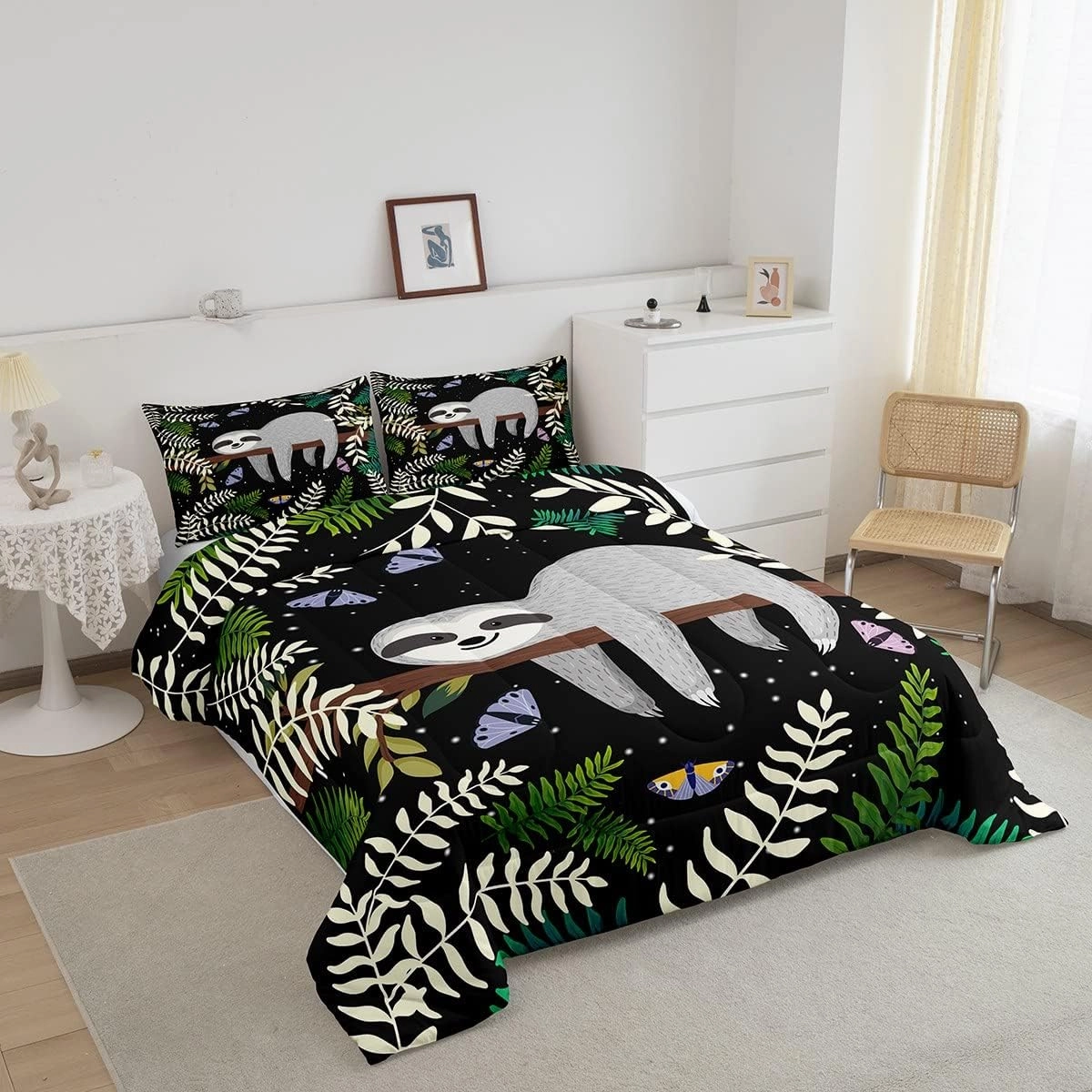 Feelyou Sloth Comforter Cute Sloth Bedding Set for Kids Boys Girls Galaxy Butterfly Comforter Set Botanical Leaves Inner Fill Duvet Set 1 Comforter Set with 2 Pillowcases King Size