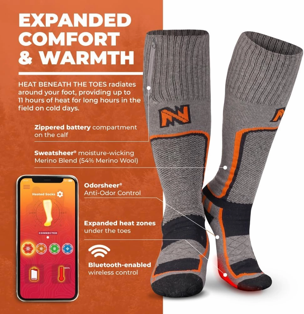 Fieldsheer Premium Merino Wool Heated Socks for Men with Bluetooth Control, Three Heat Settings, Arch Support & Cushioning