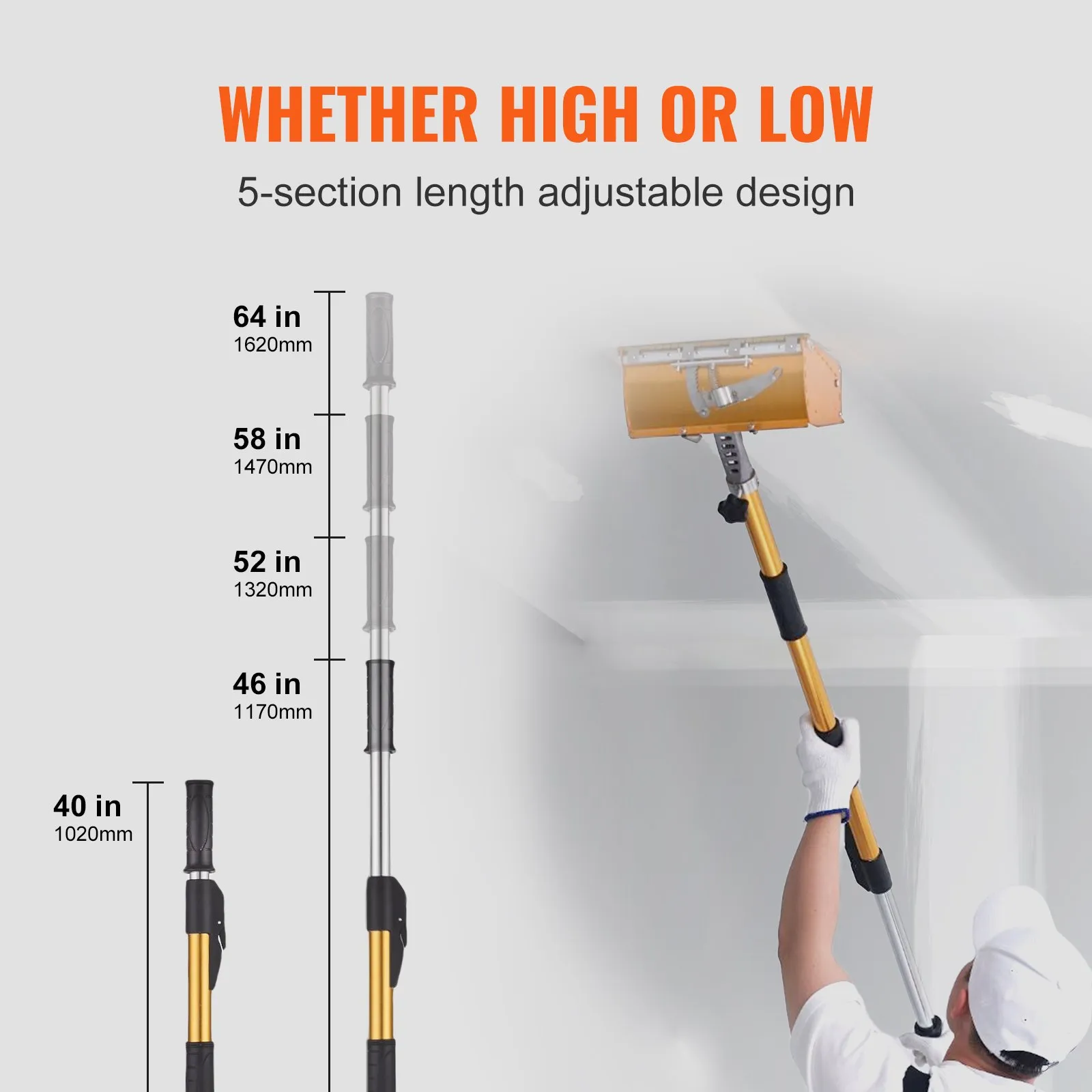 (FINAL PRICES ARE LOWER ON OUR SITE!) VEVOR Drywall Flat Box Handle, 40''-64'', Anodized Aluminum Flat Finishing Extension Handle, 5-Section Length Adjustable, Non-slip Grip and 360° Painting for Plasterboard, Wallboard, Sheetrock