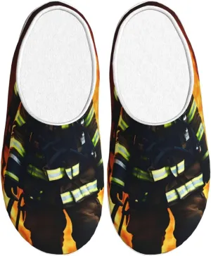 Firefighter Fireman Flame print Winter Home Warm Slippers, Plush Soft Bottom Slippers, Womens Indoor Scuff Slippers