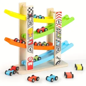 Five-track Gliding Car Wooden Creative Toy, Colorful Building Blocks Track Car Set