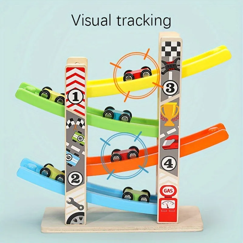 Five-track Gliding Car Wooden Creative Toy, Colorful Building Blocks Track Car Set