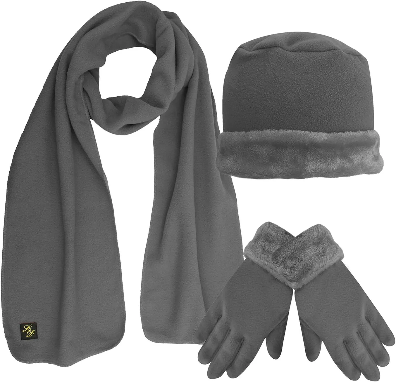 Fleece Hat Scarf & Glove Set With Plush Fur Trim