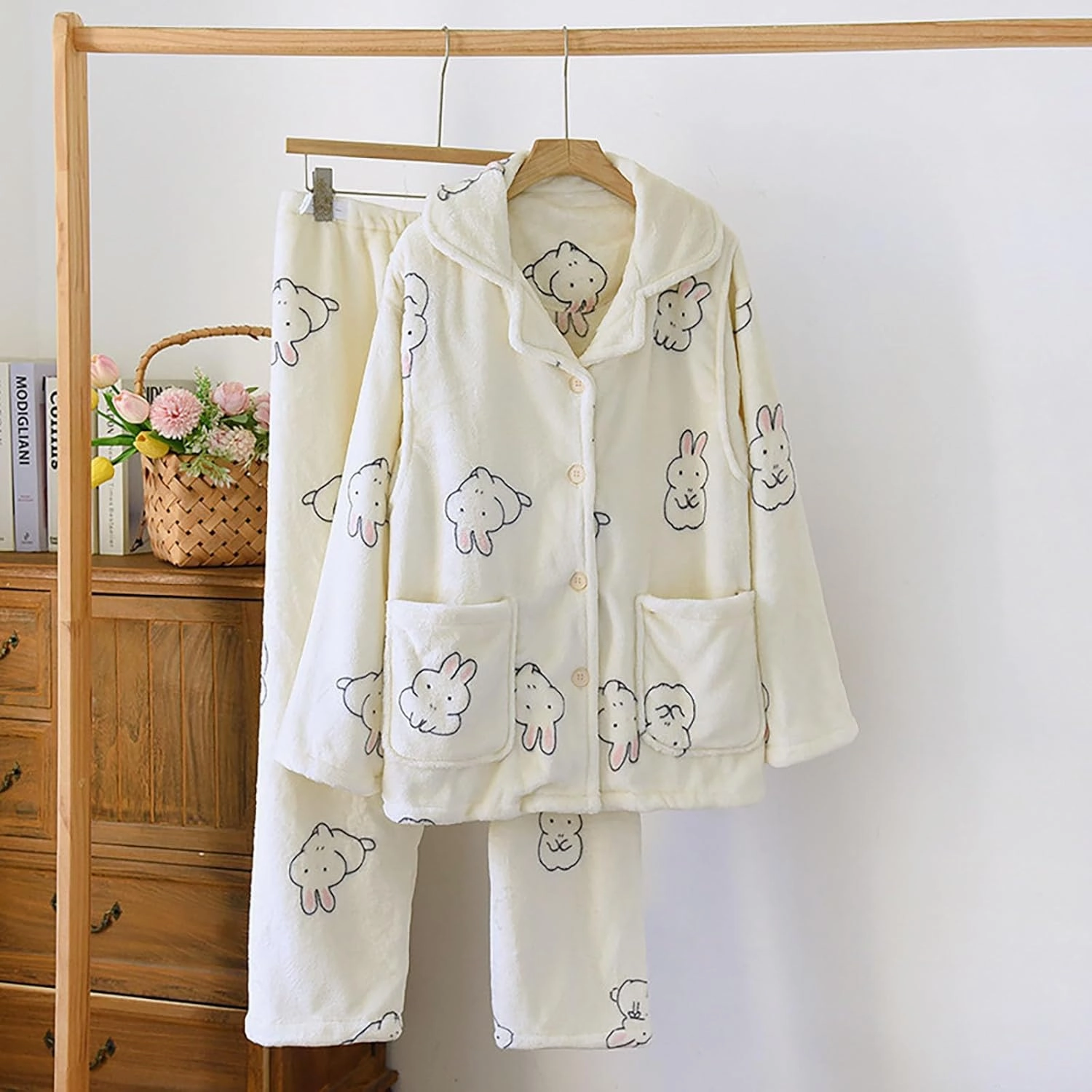 Fleece Pajamas Women Set Flannel Cute Print Long Sleeve Lapel Pocket Tops Elastic Waist Pants Winter Sleepwear Outfit