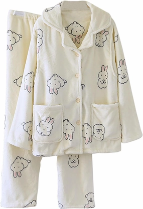 Fleece Pajamas Women Set Flannel Cute Print Long Sleeve Lapel Pocket Tops Elastic Waist Pants Winter Sleepwear Outfit