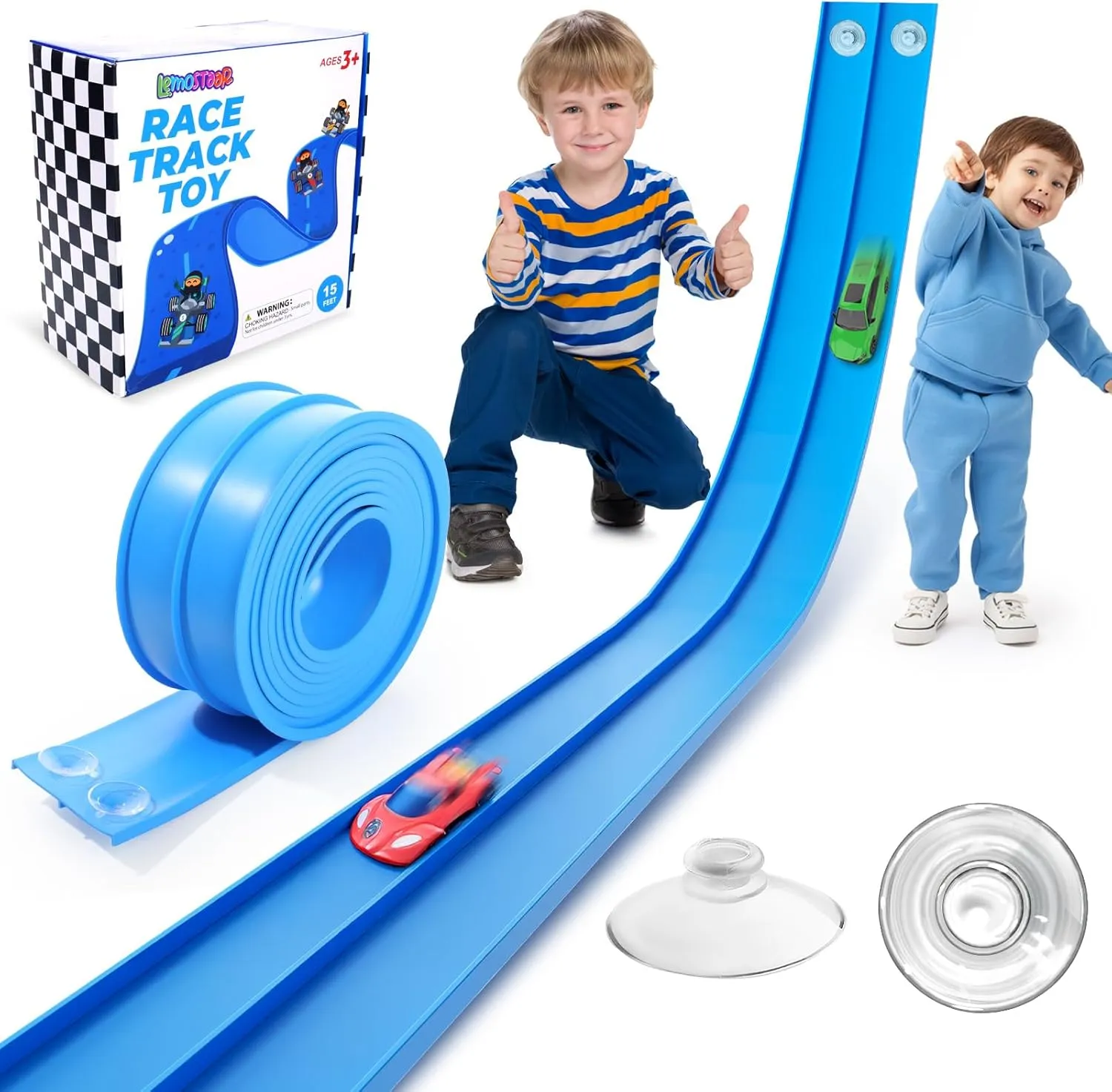 Flexible Race Track Toys for Kids: 15 Ft Flex Race Car Ramp Track with Suction Cups - Rolls Up Portable DIY Racetrack Compatible with Diecast 1/64th Cars Model - Birthday Gifts for Boys Girls Ages 3 
