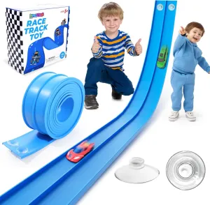 Flexible Race Track Toys for Kids: 15 Ft Flex Race Car Ramp Track with Suction Cups - Rolls Up Portable DIY Racetrack Compatible with Diecast 1/64th Cars Model - Birthday Gifts for Boys Girls Ages 3 