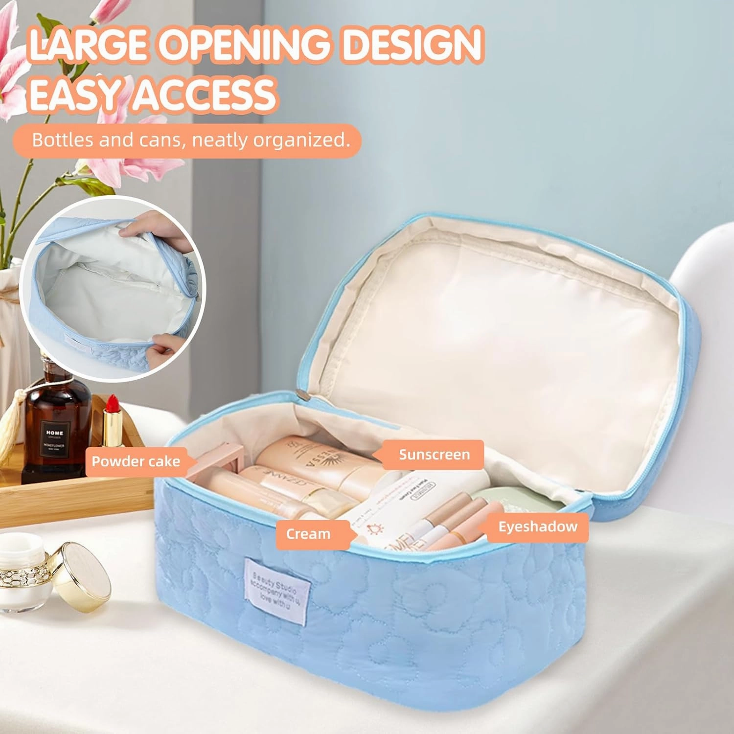 Floral Makeup Case, Cotton Inserts Puffy Quilted Makeup Toiletry Bag, Large Capacity Cosmetic Pouch, Daily Travel Use Skincare Bag with Handles, Multipurpose Organizer Bag (Creamy Yellow)