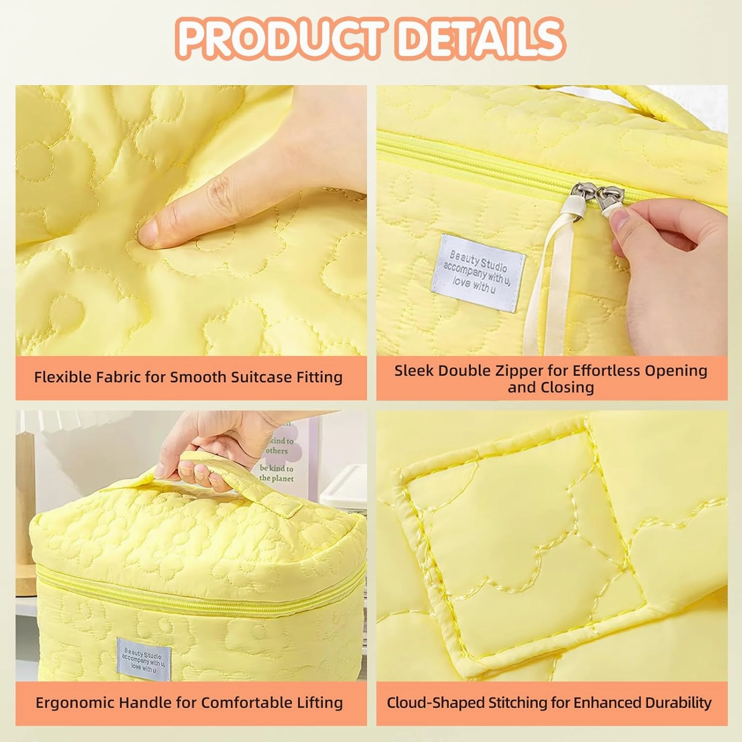 Floral Makeup Case, Cotton Inserts Puffy Quilted Makeup Toiletry Bag, Large Capacity Cosmetic Pouch, Daily Travel Use Skincare Bag with Handles, Multipurpose Organizer Bag (Creamy Yellow)