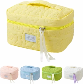 Floral Makeup Case, Cotton Inserts Puffy Quilted Makeup Toiletry Bag, Large Capacity Cosmetic Pouch, Daily Travel Use Skincare Bag with Handles, Multipurpose Organizer Bag (Creamy Yellow)