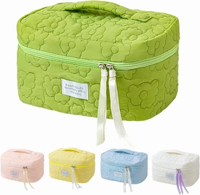 Floral Makeup Case, Cotton Inserts Puffy Quilted Makeup Toiletry Bag, Large Capacity Cosmetic Pouch, Daily Travel Use Skincare Bag with Handles, Multipurpose Organizer Bag (Grass Green)
