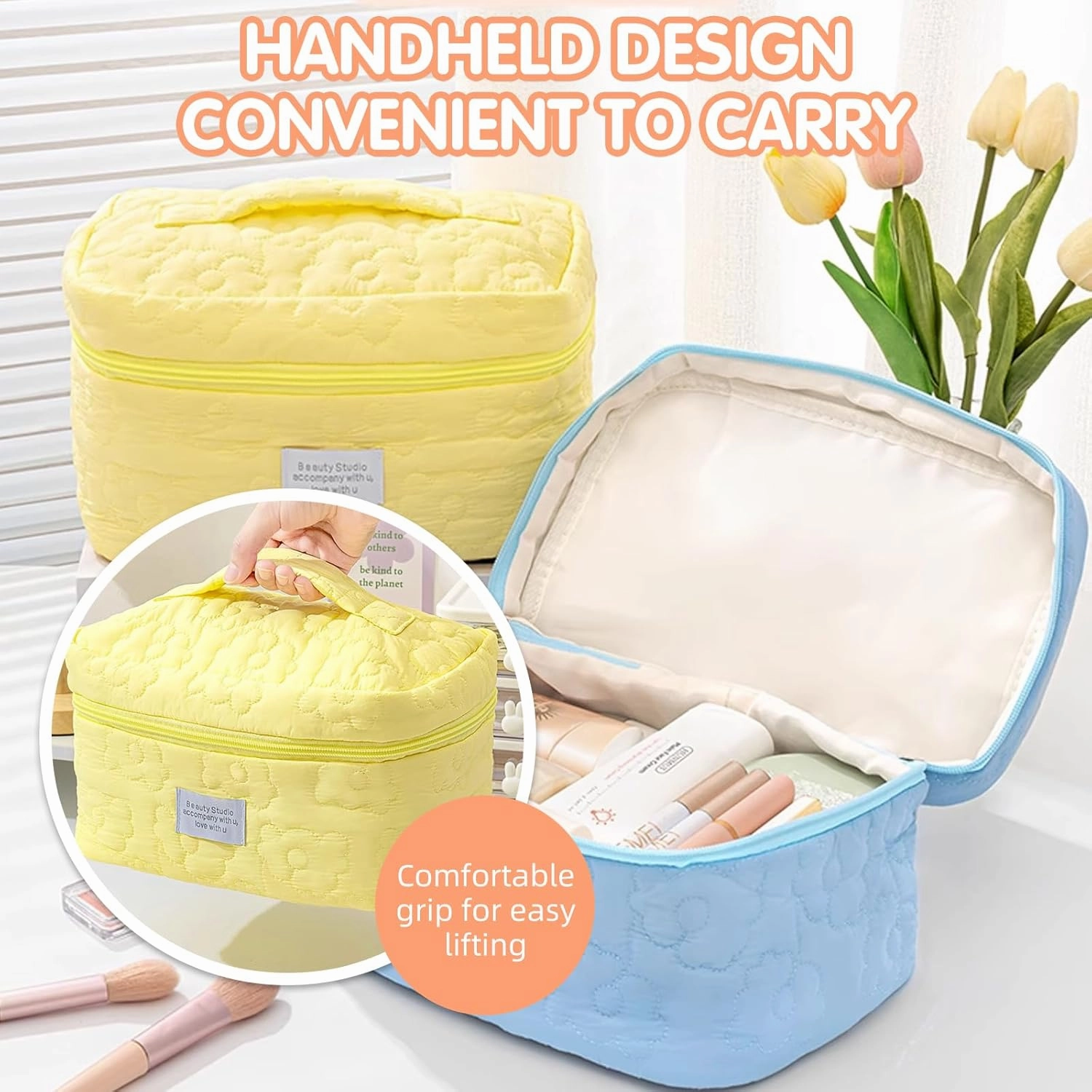 Floral Makeup Case, Cotton Inserts Puffy Quilted Makeup Toiletry Bag, Large Capacity Cosmetic Pouch, Daily Travel Use Skincare Bag with Handles, Multipurpose Organizer Bag (Grass Green)