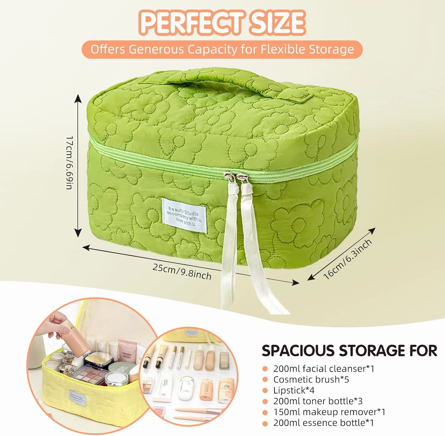 Floral Makeup Case, Cotton Inserts Puffy Quilted Makeup Toiletry Bag, Large Capacity Cosmetic Pouch, Daily Travel Use Skincare Bag with Handles, Multipurpose Organizer Bag (Grass Green)