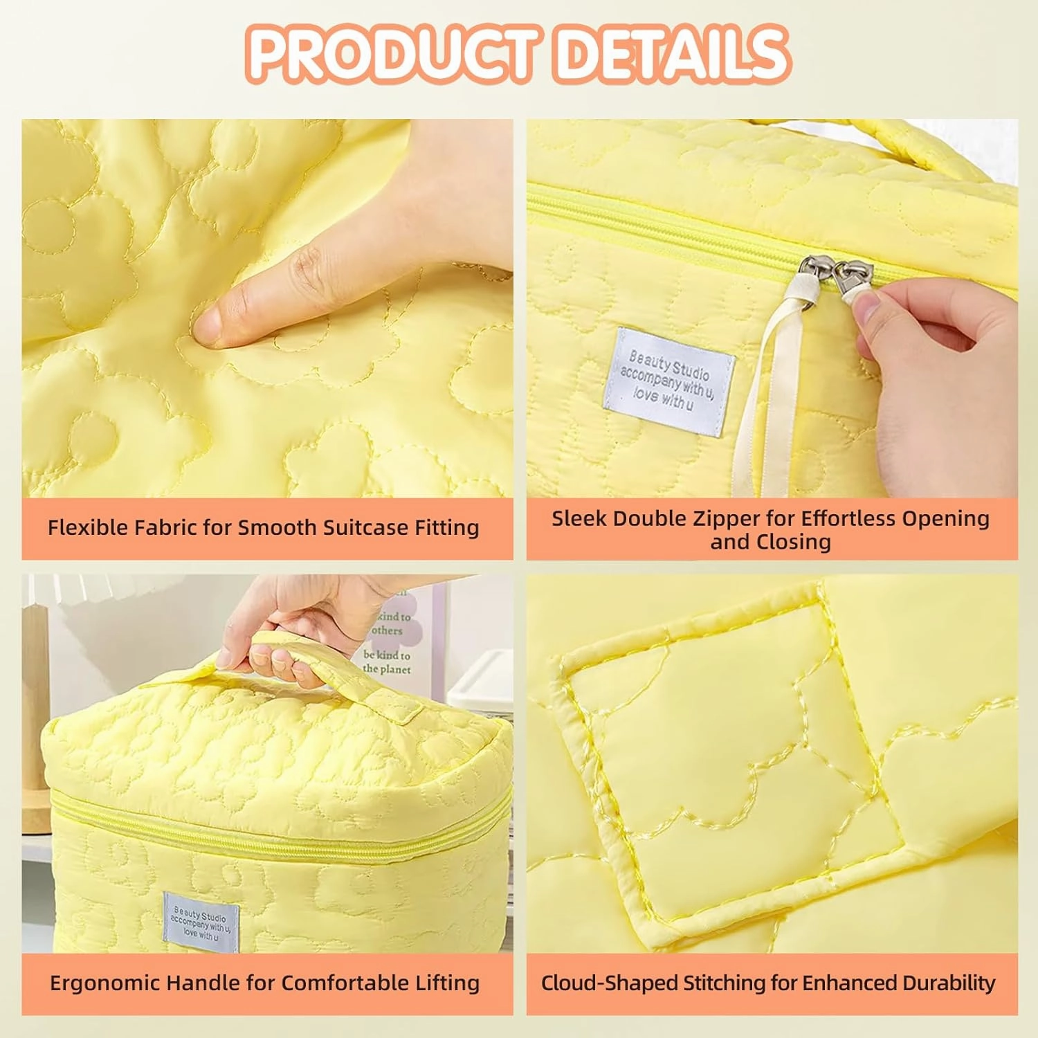 Floral Makeup Case, Cotton Inserts Puffy Quilted Makeup Toiletry Bag, Large Capacity Cosmetic Pouch, Daily Travel Use Skincare Bag with Handles, Multipurpose Organizer Bag (Grass Green)
