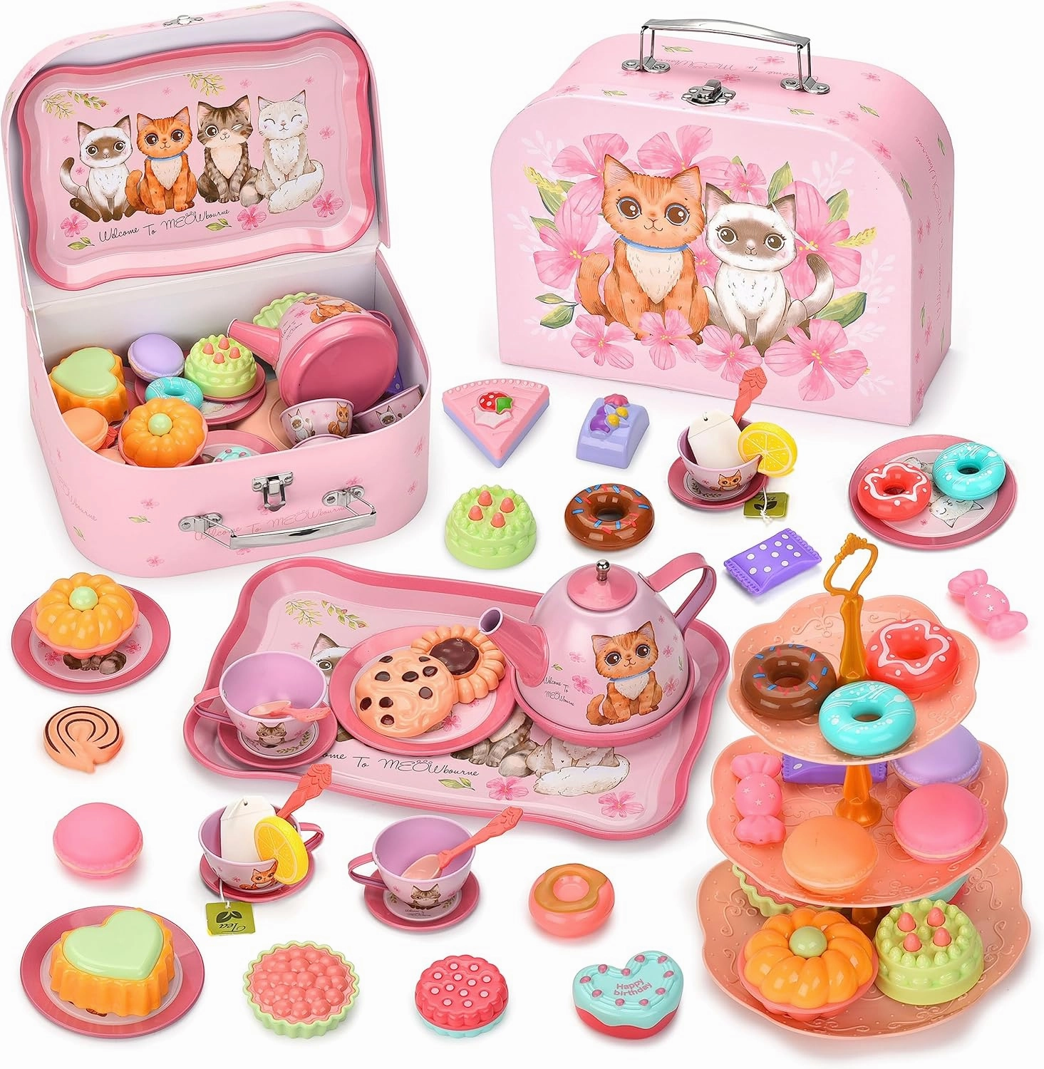 Flormoon Little Girl Tea Set, 50PCS Princess Play Tea Set, Pretend Kitchen Toy, Learning Shapes & Colors Toy for Kids Children Tea Party and Fun