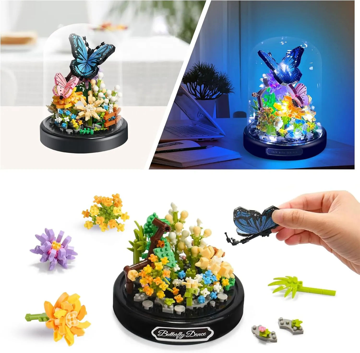 Flower Bouquet Butterfly Building Set with LED String Light, Butterfly Flower Botanical Collection, 530 Pcs Mini Bricks Building Blocks Toy for Kids, Adults, Gift for Mother's Day, Christmas