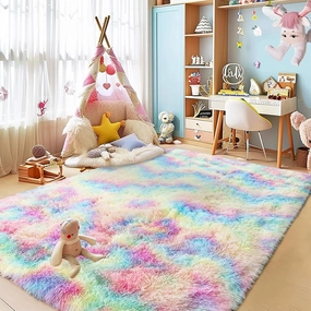Fluffy Colorful Rainbow Rug 5 x 7, Plush Area Rugs for Bedroom Living Room, Large Fuzzy Carpet for Girls Kids Nursery Room Dorm, Non-Slip & Soft Shag Rug for Home Decor