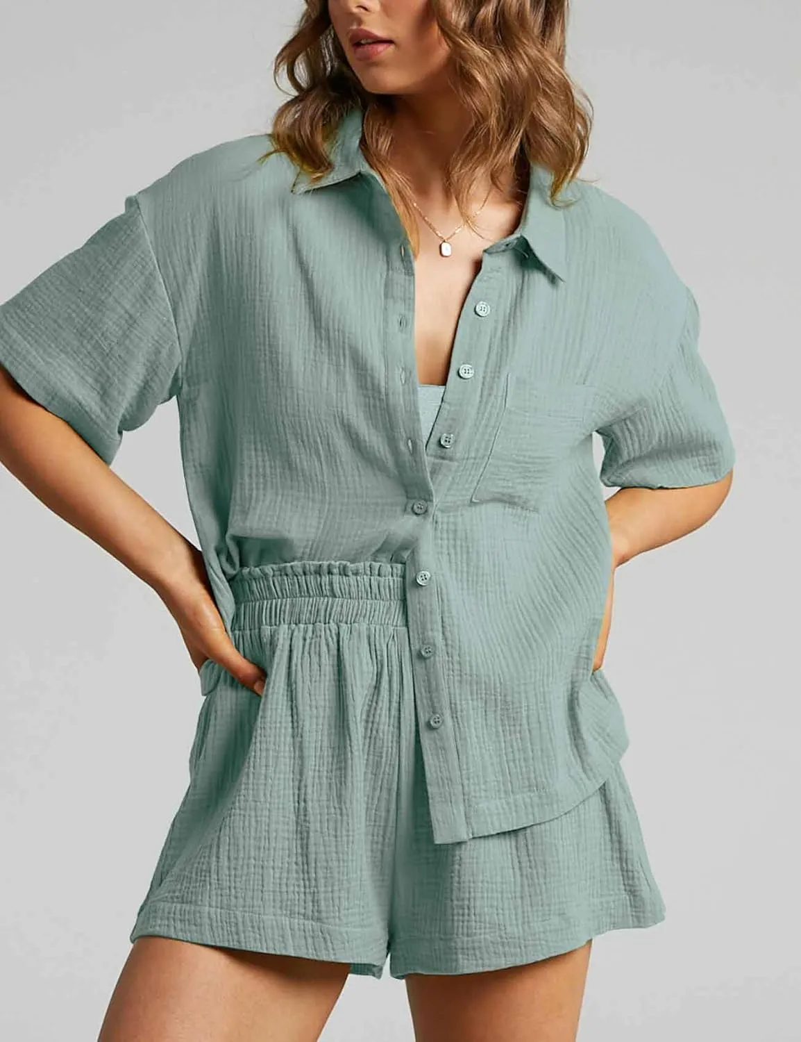 Flygo Womens Casual 2 Piece Outfits Cotton Linen Sets Button Down Shirt Shorts Resort Wear 2025 Pajama Beach Coverup Set