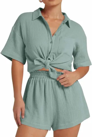 Flygo Womens Casual 2 Piece Outfits Cotton Linen Sets Button Down Shirt Shorts Resort Wear 2025 Pajama Beach Coverup Set
