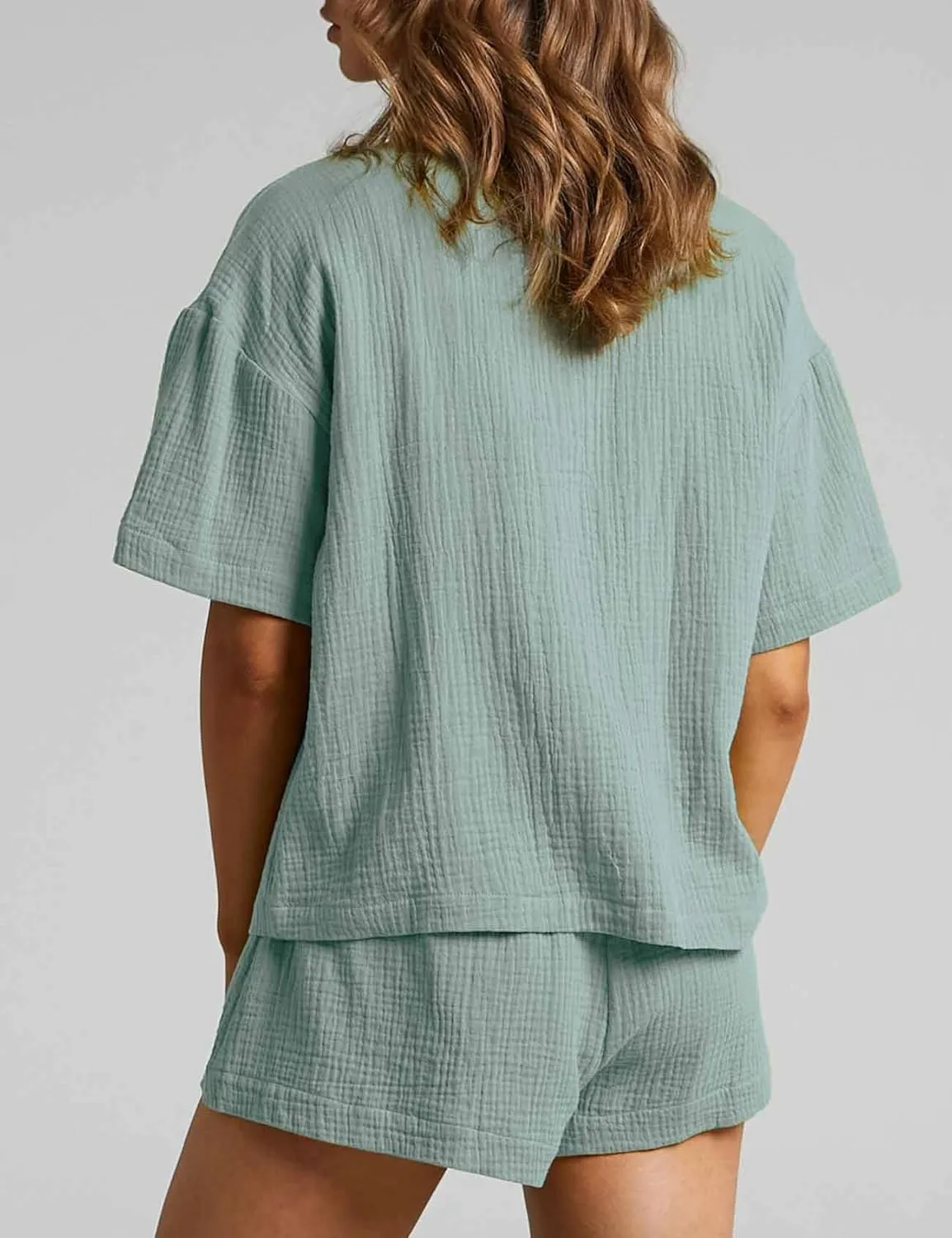 Flygo Womens Casual 2 Piece Outfits Cotton Linen Sets Button Down Shirt Shorts Resort Wear 2025 Pajama Beach Coverup Set