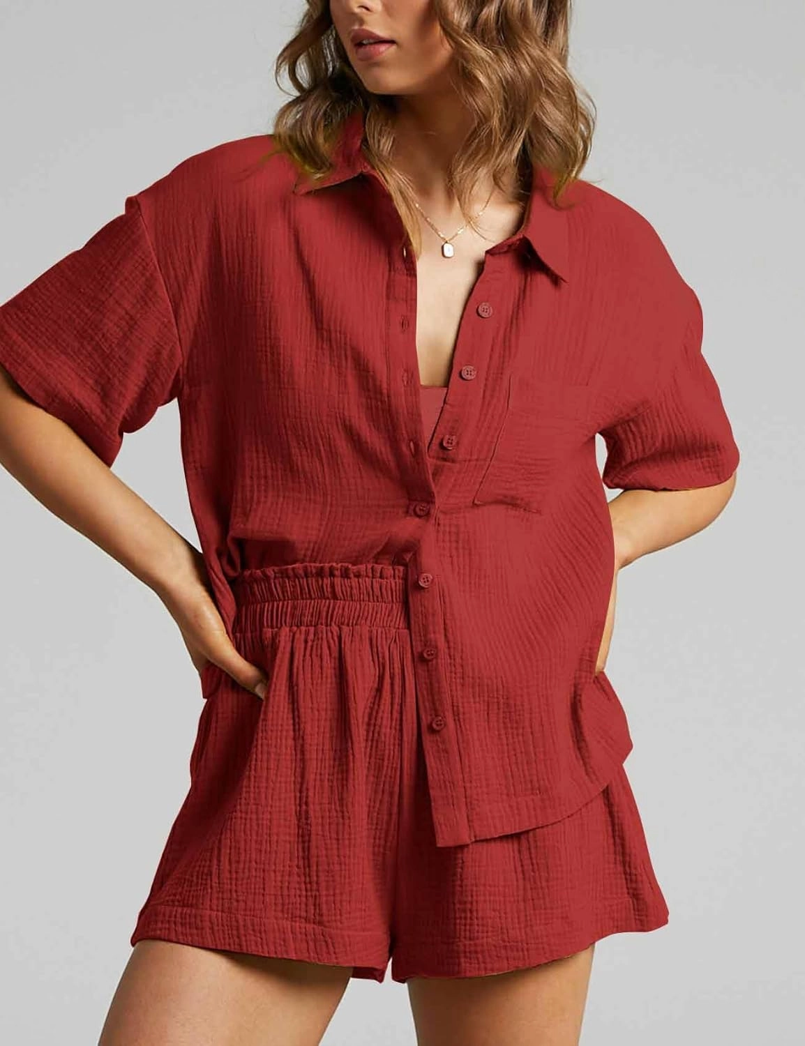 Flygo Womens Casual 2 Piece Outfits Cotton Linen Sets Button Down Shirt Shorts Resort Wear 2025 Pajama Beach Coverup Set