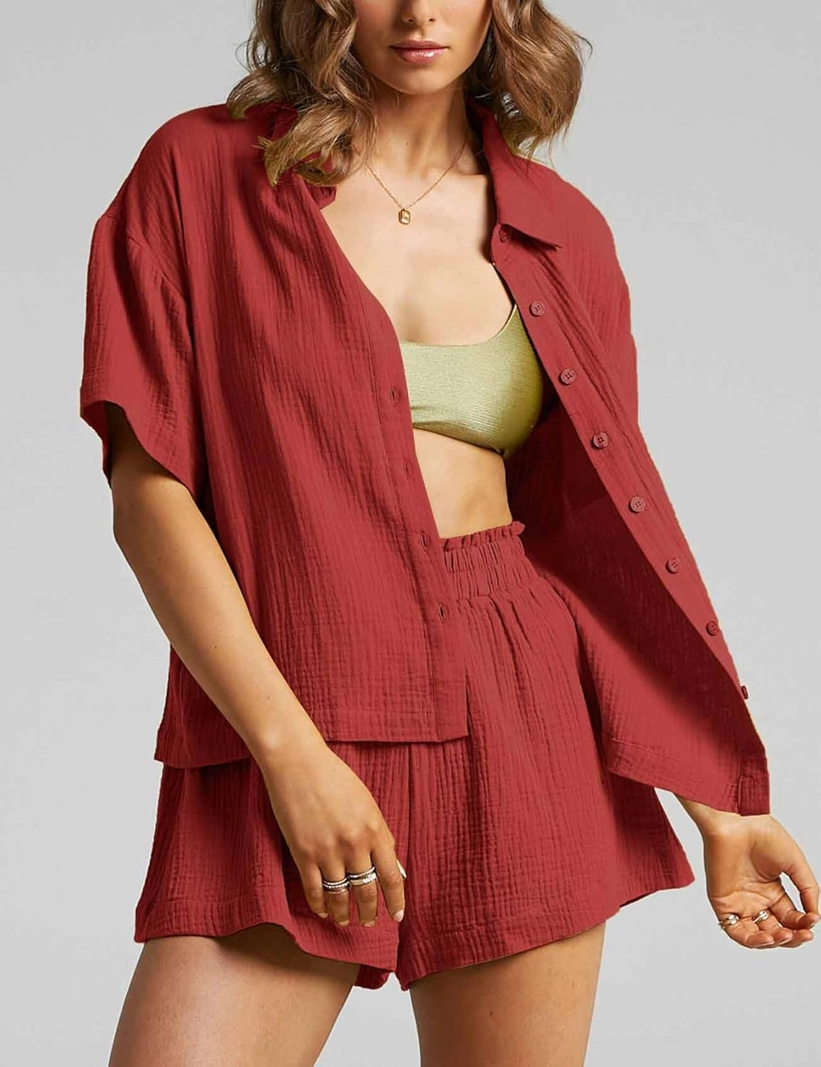 Flygo Womens Casual 2 Piece Outfits Cotton Linen Sets Button Down Shirt Shorts Resort Wear 2025 Pajama Beach Coverup Set