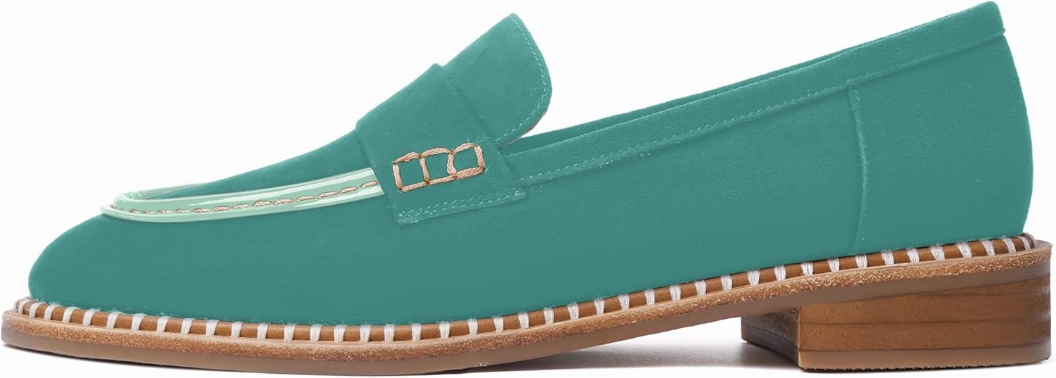 FOGEENA Womens Penny Round Toe Casual Fashion Slip On Suede Leather Chunky Low Heel Loafers Dress Shoes 1 Inch